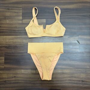 NWT Aerie Sz Medium 2PC Swim Set Orange V Wire Bra High Waisted Bottoms Bikini